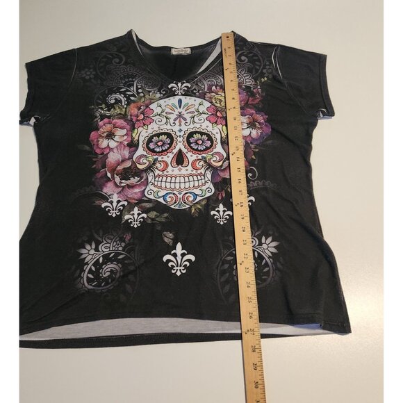 Sweet Gisele Sugar Skull T-Shirt Rhinestone Embellished Double Sided Womens XXL - Picture 9 of 9